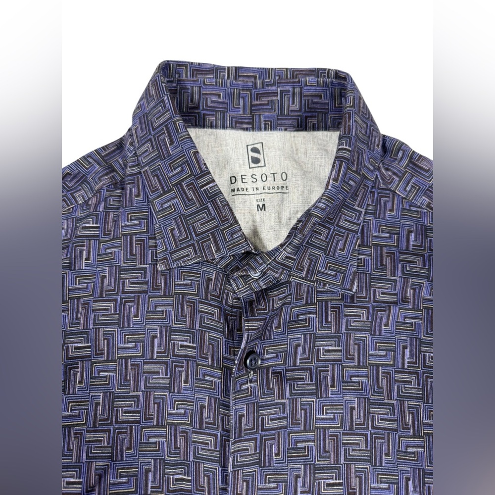 Desoto Medium Modern Fit Long Sleeve Button Front Shirt Blue Geo Pattern Cotton